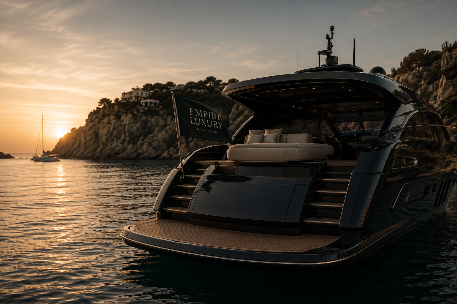 Luxury yacht in Ibiza waters at sunset