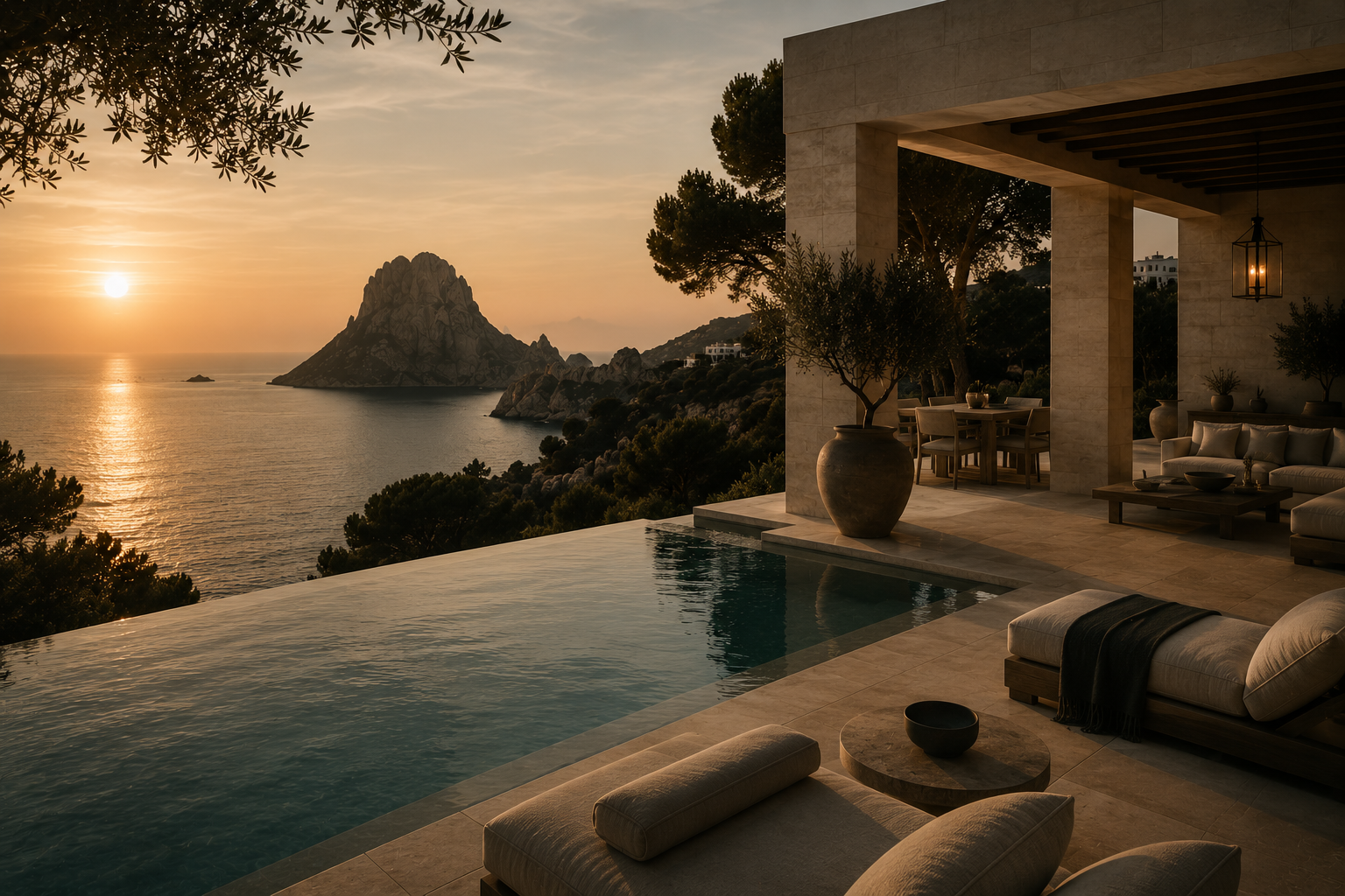Mediterranean luxury villa in Ibiza at golden hour